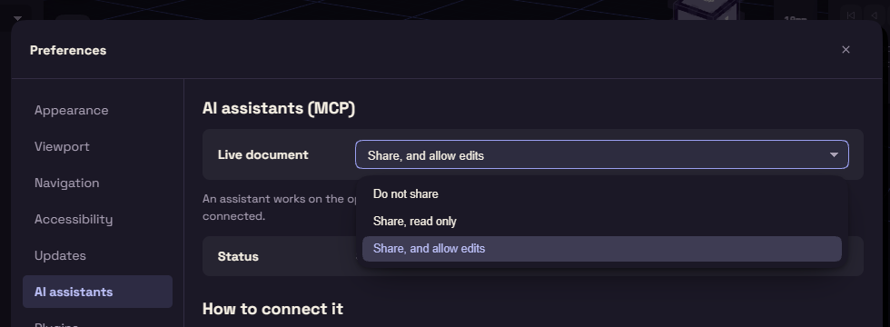 The Live document choices open in Preferences, AI assistants