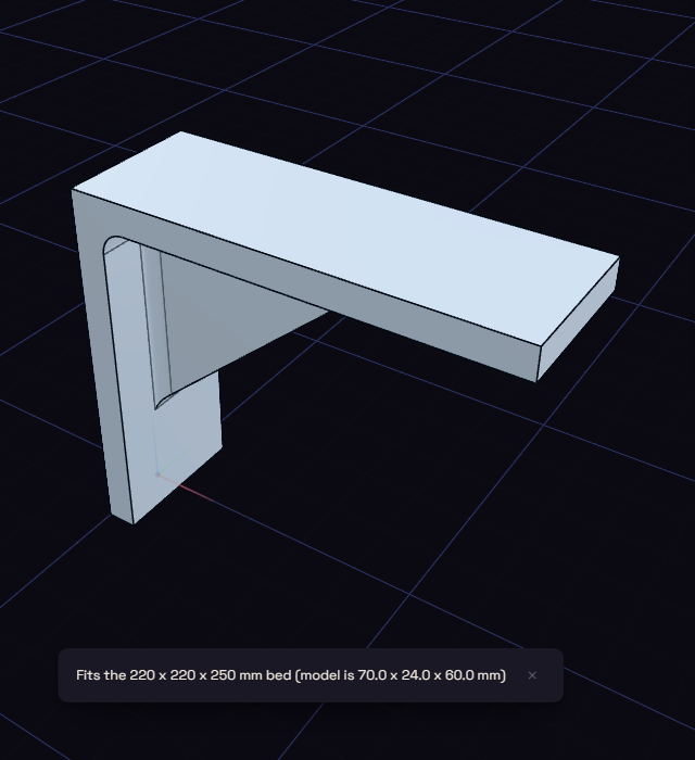 A bracket with a message that it fits the 220 by 220 by 250 mm bed