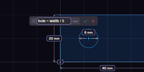 A sketch dimension's value box holding hole = width / 5