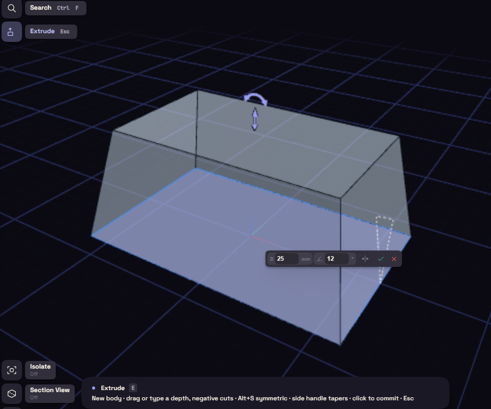 An extrude preview with a 12 degree taper, the distance and angle boxes below it