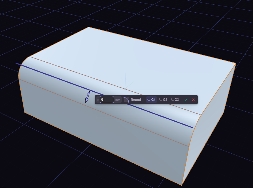 A block edge being rounded, the radius box beside it
