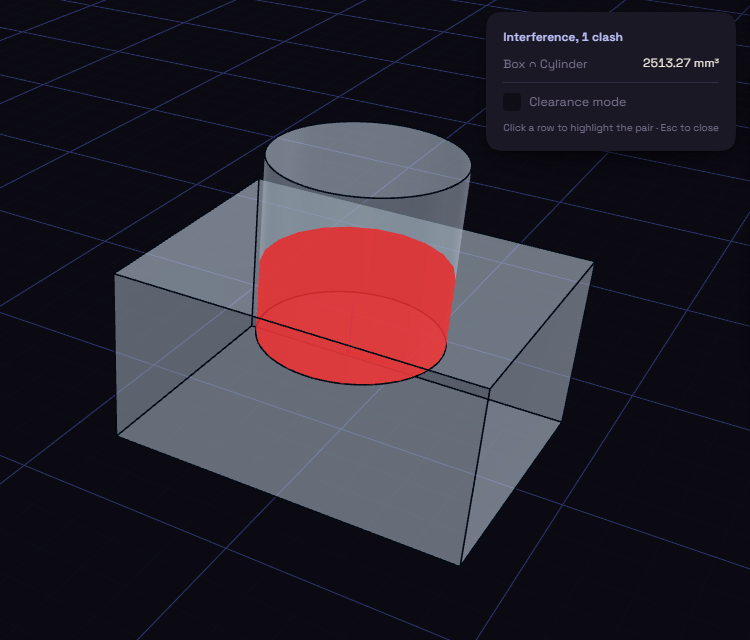Interference panel naming one clash between a box and a cylinder, with the overlap drawn in red