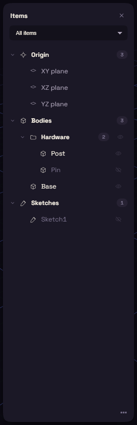 The Items card with a Hardware element holding two bodies, one of them hidden