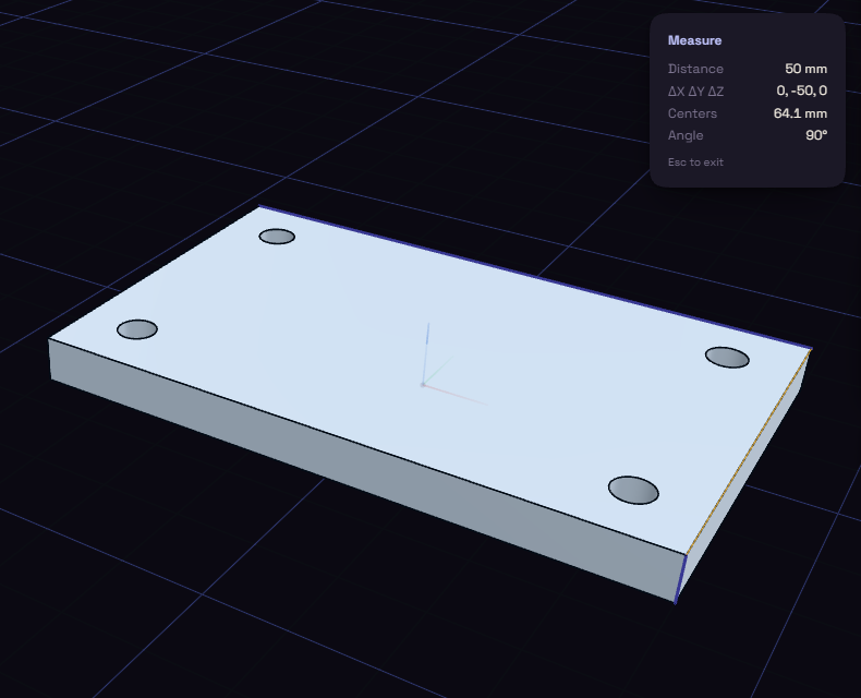 Measure panel showing the distance, centers and angle between two edges of a plate