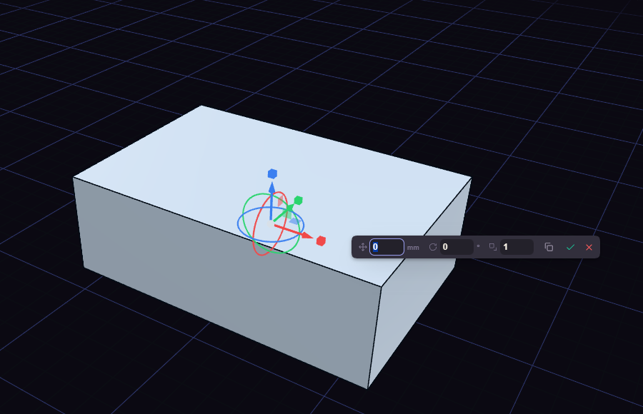 The move gizmo with arrows, squares and rings, and its value bar