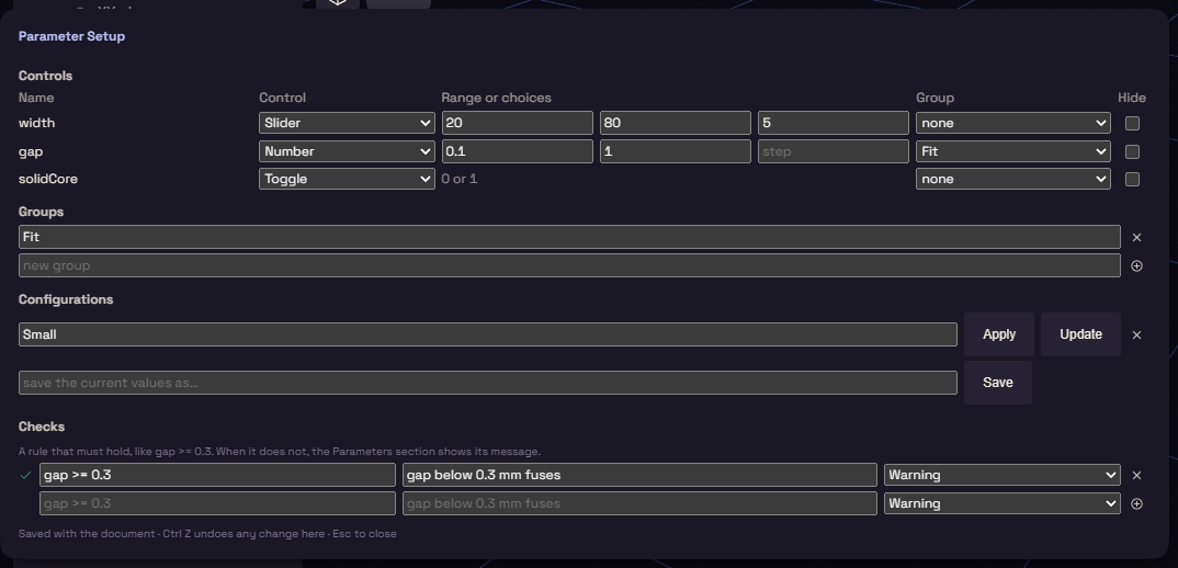 Parameter Setup dialog with Controls, Groups, Configurations and Checks
