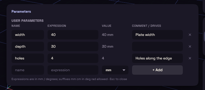 The Parameters dialog listing width, depth and holes
