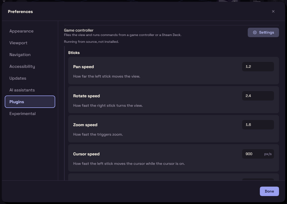 The Game controller row in Preferences, Plugins, with its settings open