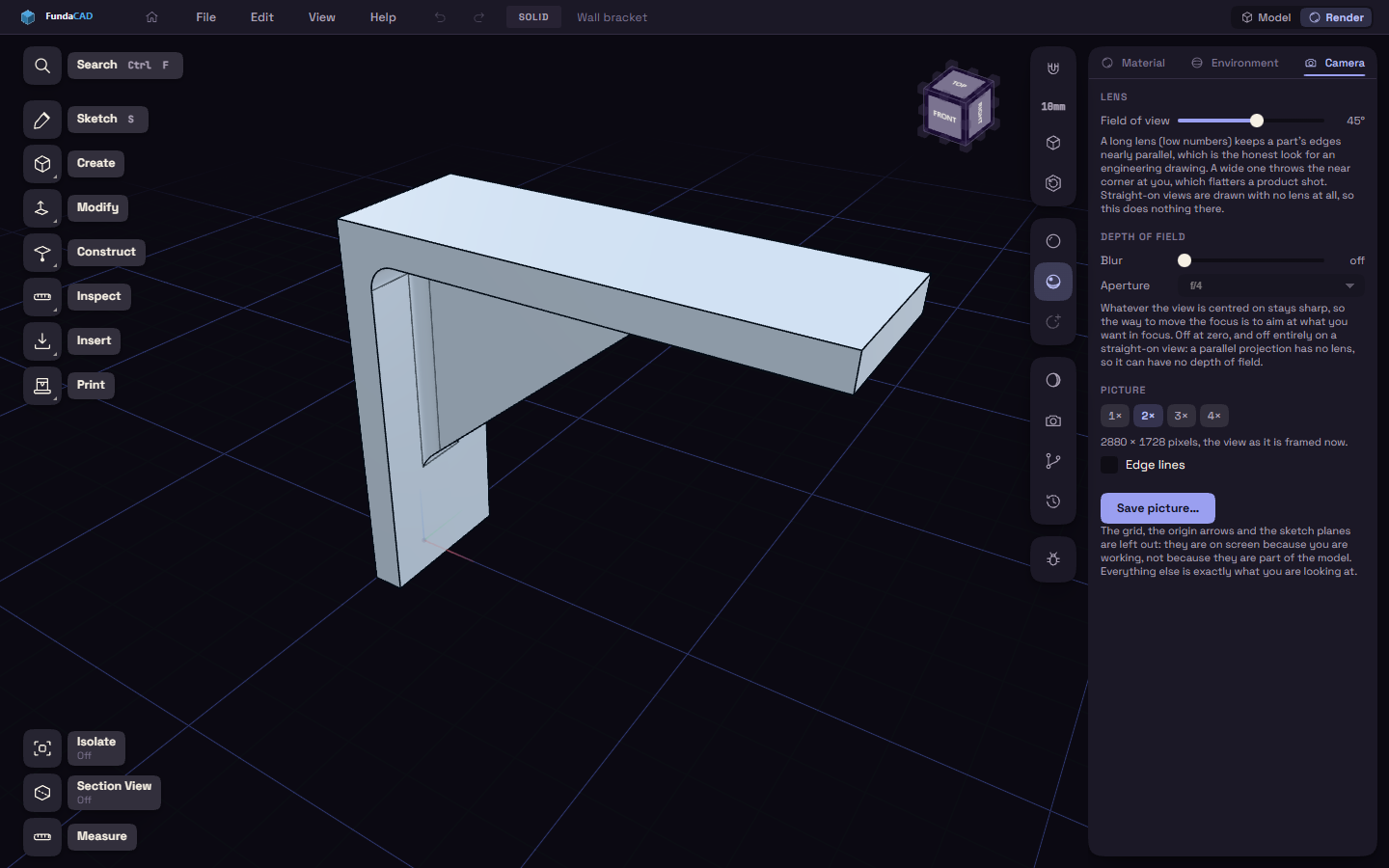 The Camera tab of the Render workspace with the Field of view slider