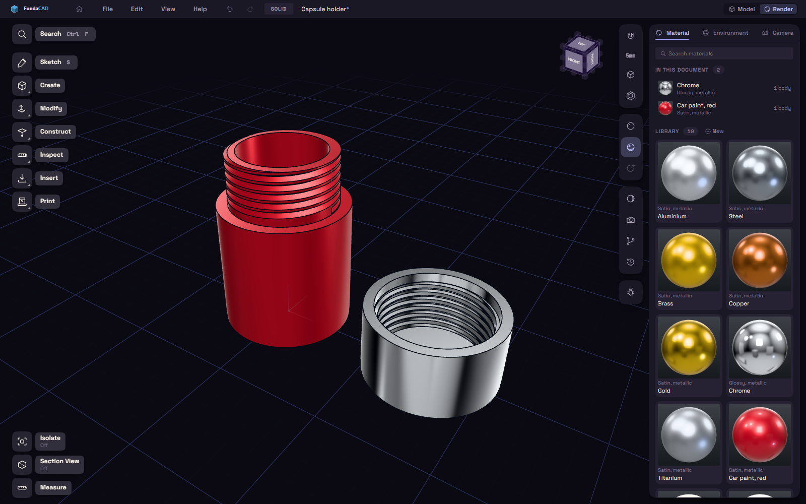 A part with several materials in the Render workspace