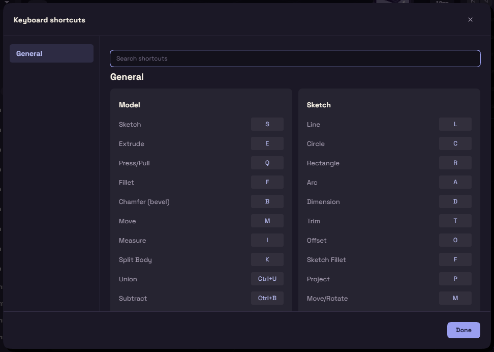 The keyboard shortcut list shown over the viewport