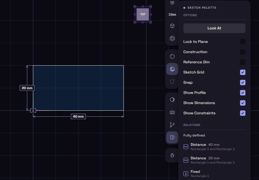 A dimensioned rectangle and the Relations list in the sketch palette