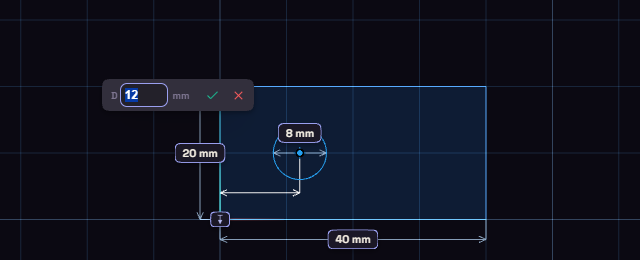 The Dimension tool placing the distance from a hole to a rectangle's edge, with its value box
