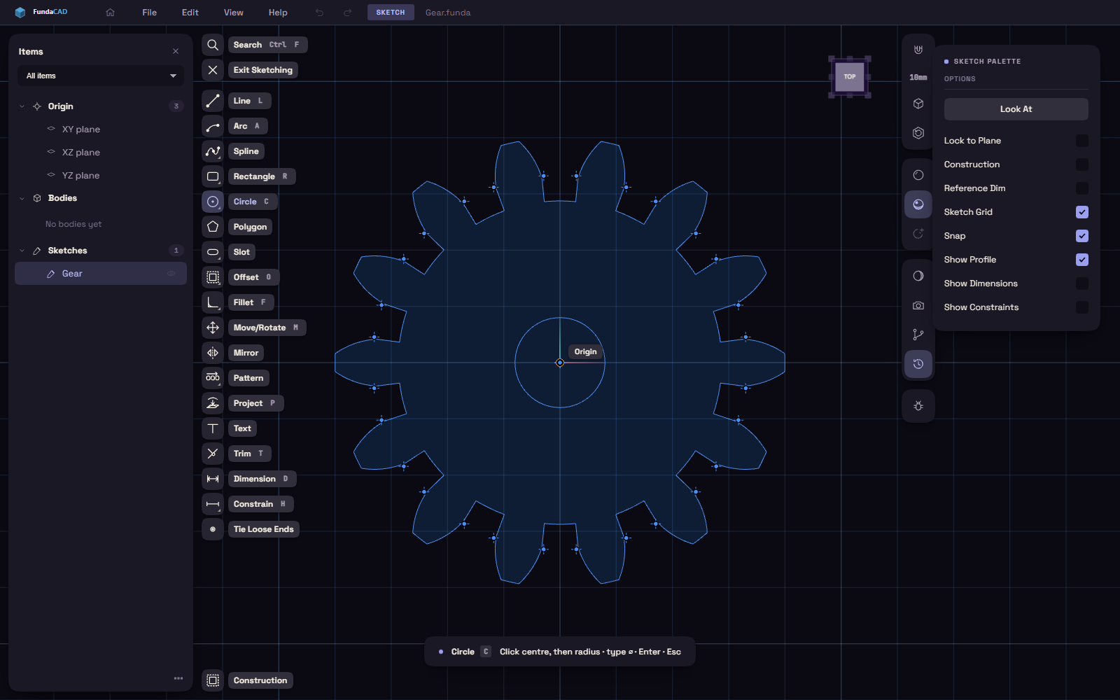 A gear profile drawn in a sketch