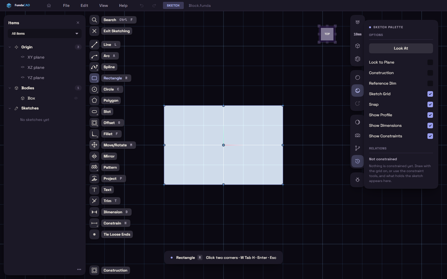 An open sketch on a block's top face, with the tool rail and the sketch palette