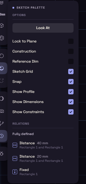The sketch palette with Snap, Construction and the other options
