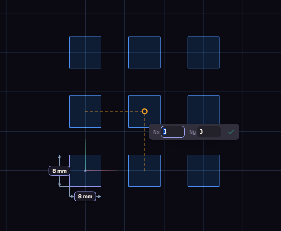 A square repeated three by three with Rect Pattern, with the Nx and Ny boxes