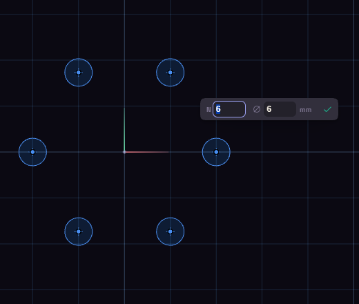 A bolt circle of six holes with the count and diameter boxes