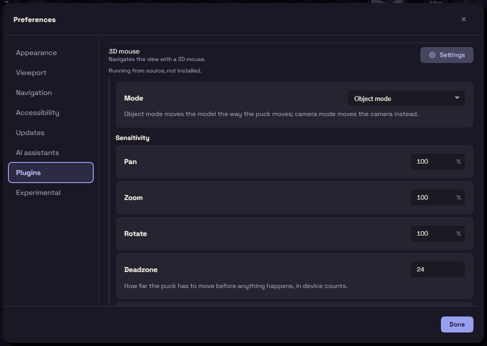 The 3D mouse row in Preferences, Plugins, with its settings open