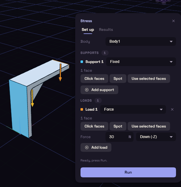 The Stress panel's Set up tab with one support and one load, beside the bracket
