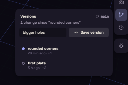 Versions panel listing two saved versions with their notes