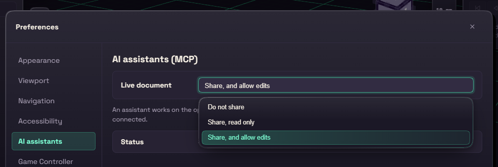Live document setting open, offering Do not share, Share read only and Share and allow edits