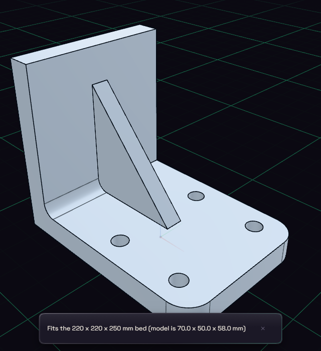 A bracket with a message that it fits the 220 by 220 by 250 mm bed