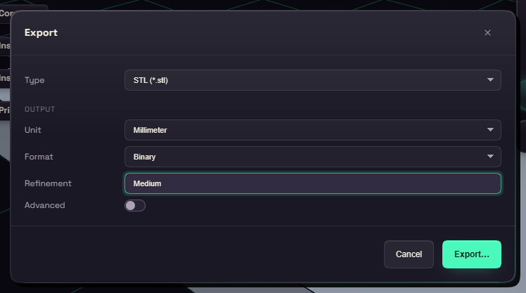 The Export window with STL and Medium chosen