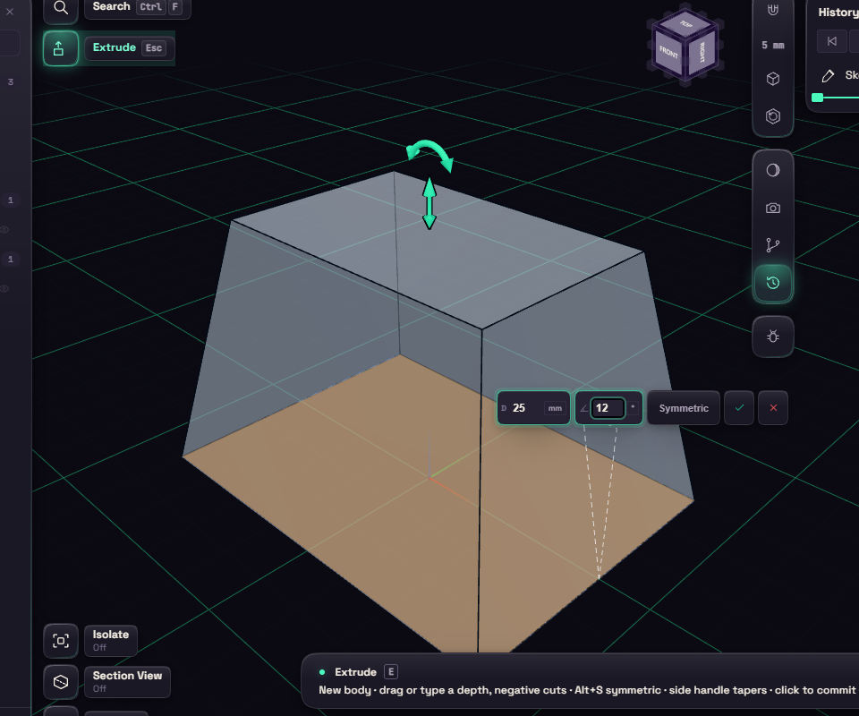 An extrude preview with a 12 degree taper, the distance and angle boxes below it