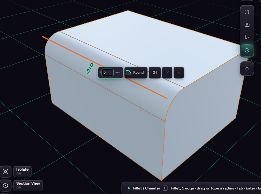 A block edge being rounded, the radius box beside it
