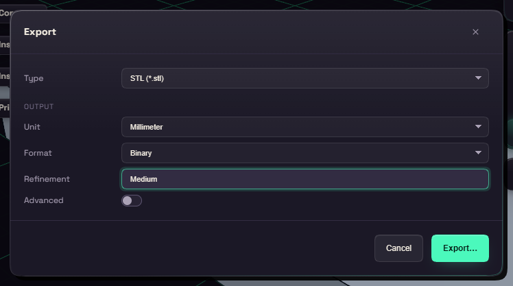 The Export window with STL and Medium chosen