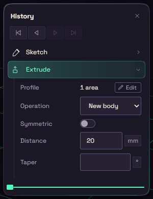 The History card with the Extrude step open