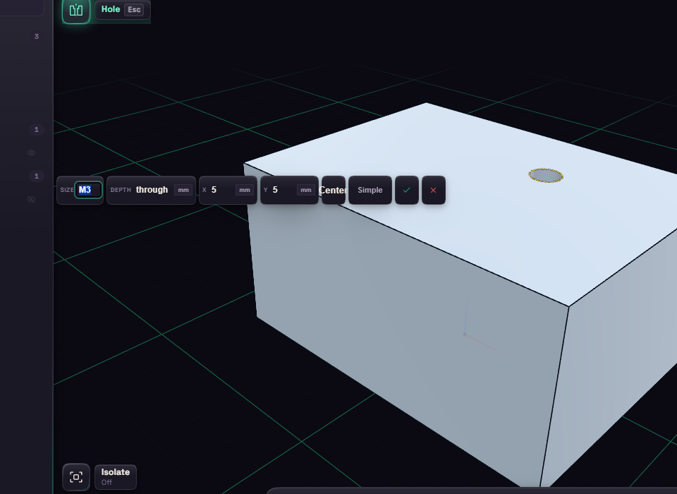 The Hole box with size M3 and a through depth over a block