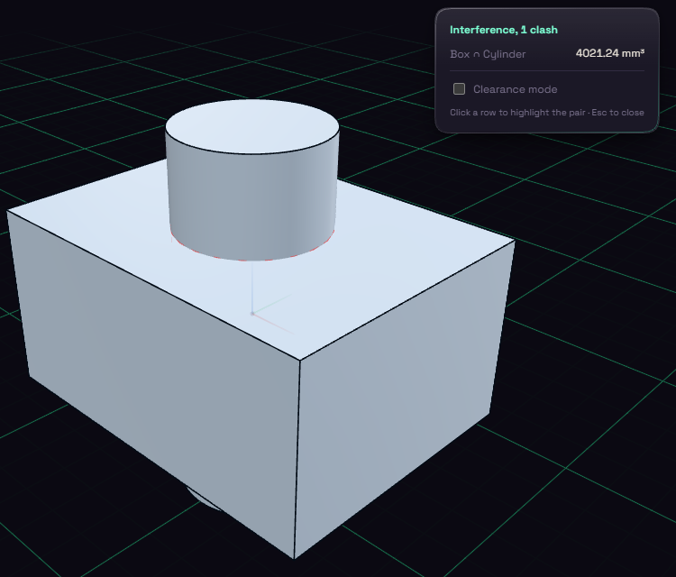 Interference panel naming one clash between a box and a cylinder with its overlap volume