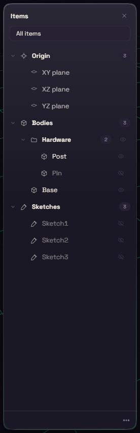 The Items card with a Hardware folder holding two bodies, one of them hidden