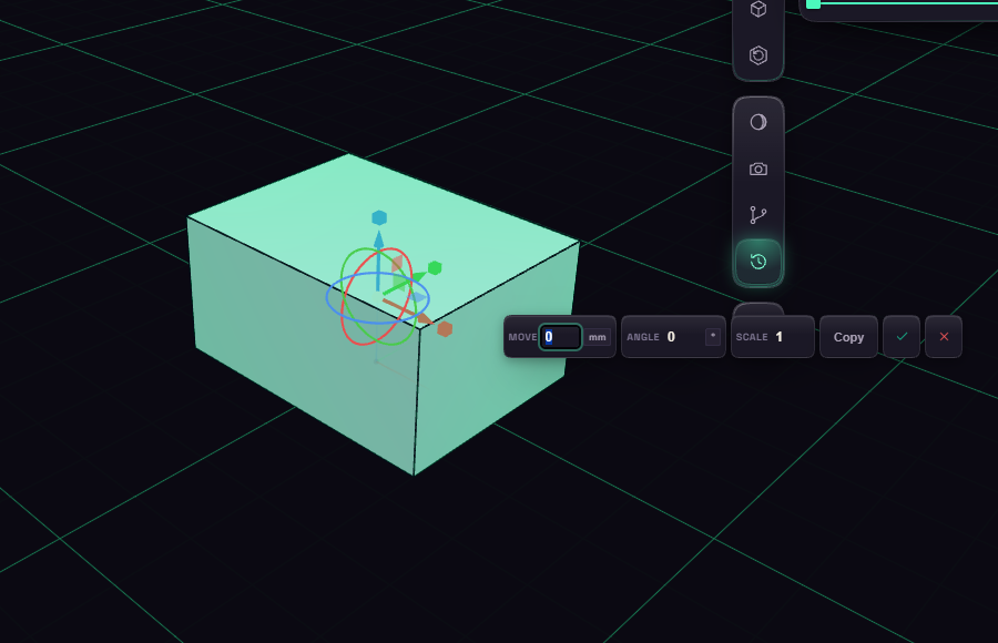 The move gizmo with arrows, squares and rings, and its value bar