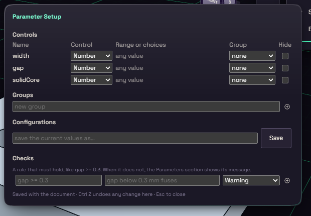 Parameter Setup dialog with Controls, Groups, Configurations and Checks