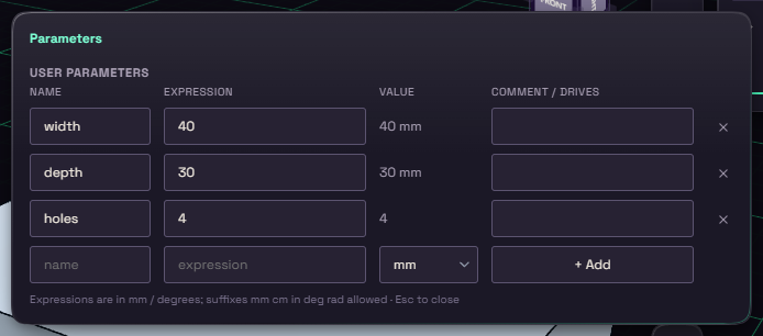 The Parameters dialog listing width, depth and holes
