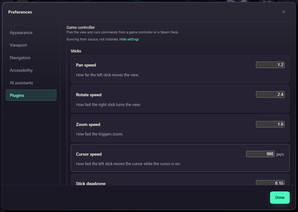 The Game controller row in Preferences, Plugins, with its settings open