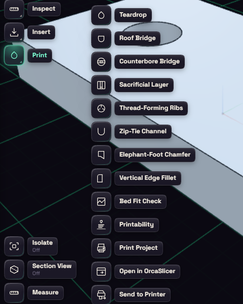 The Print group on the tool rail, listing Print Project, Open in OrcaSlicer and Send to Printer