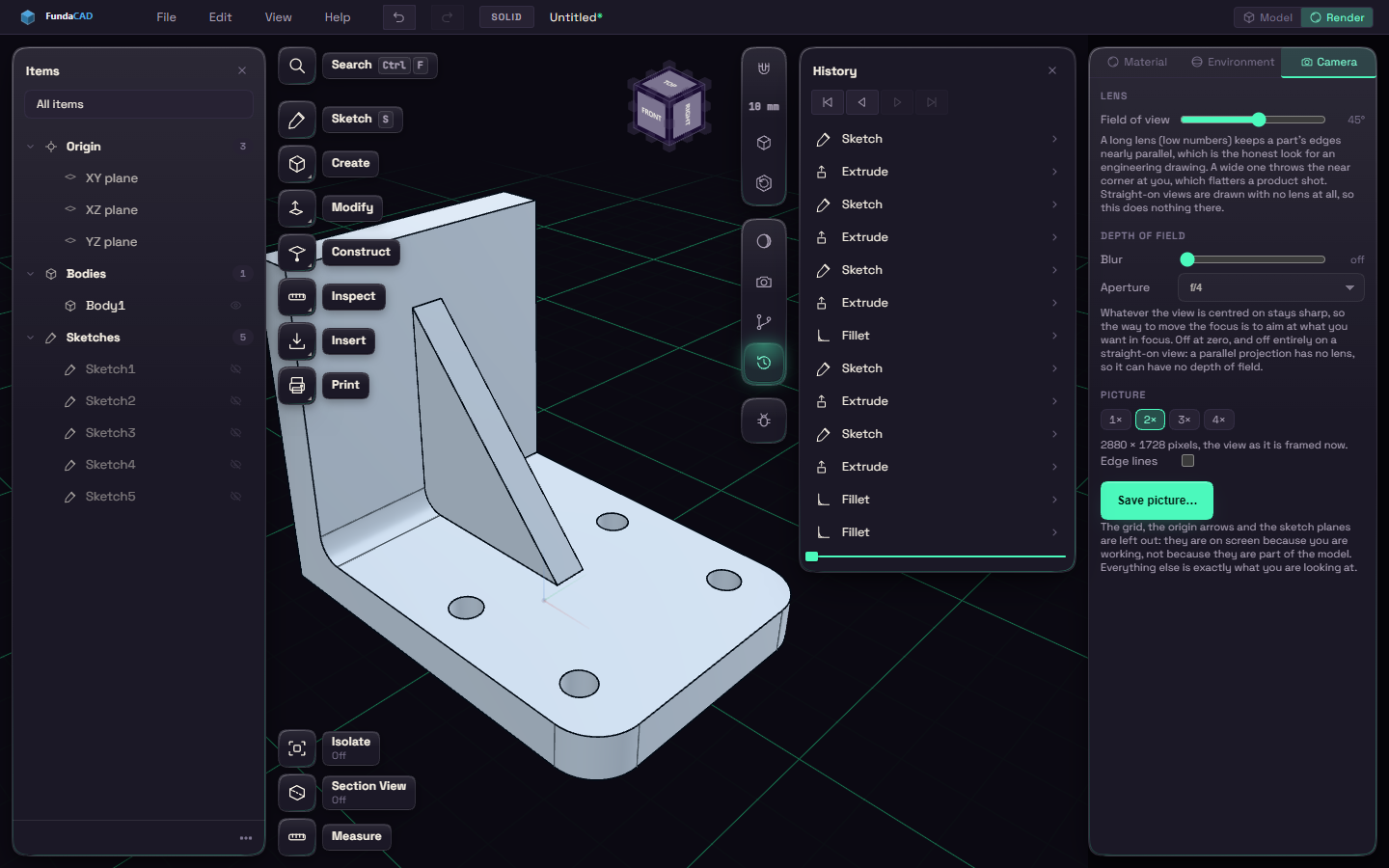 The Camera tab of the Render workspace with the Field of view slider