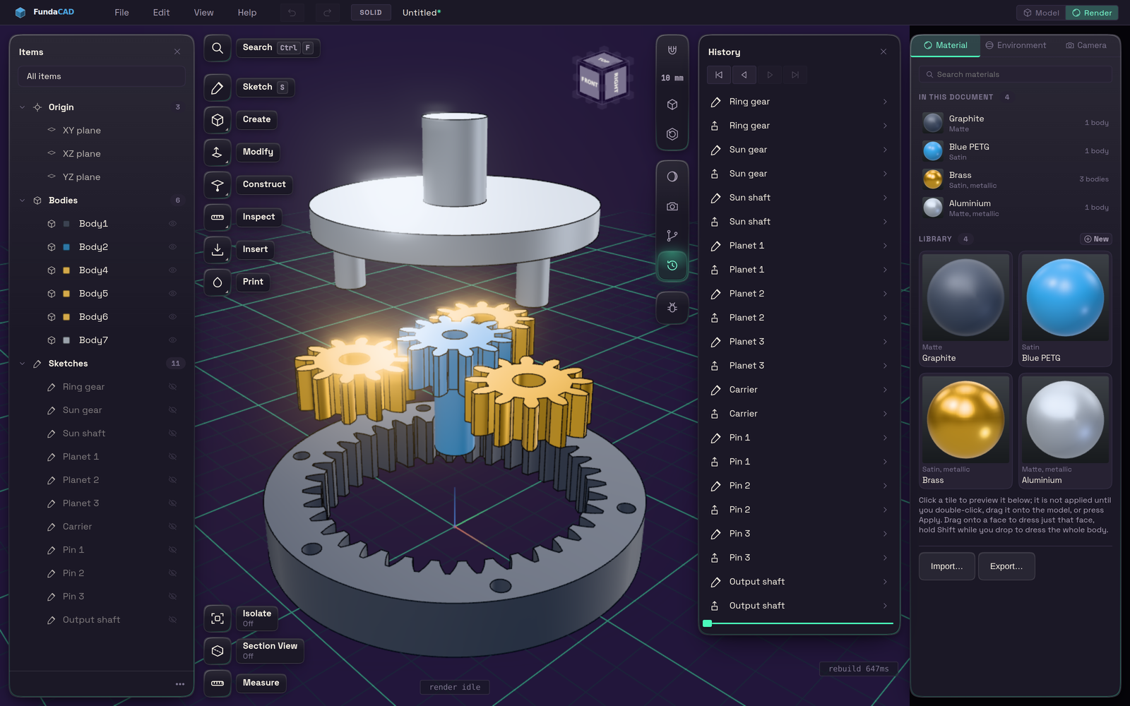 A part with several materials in the Render workspace