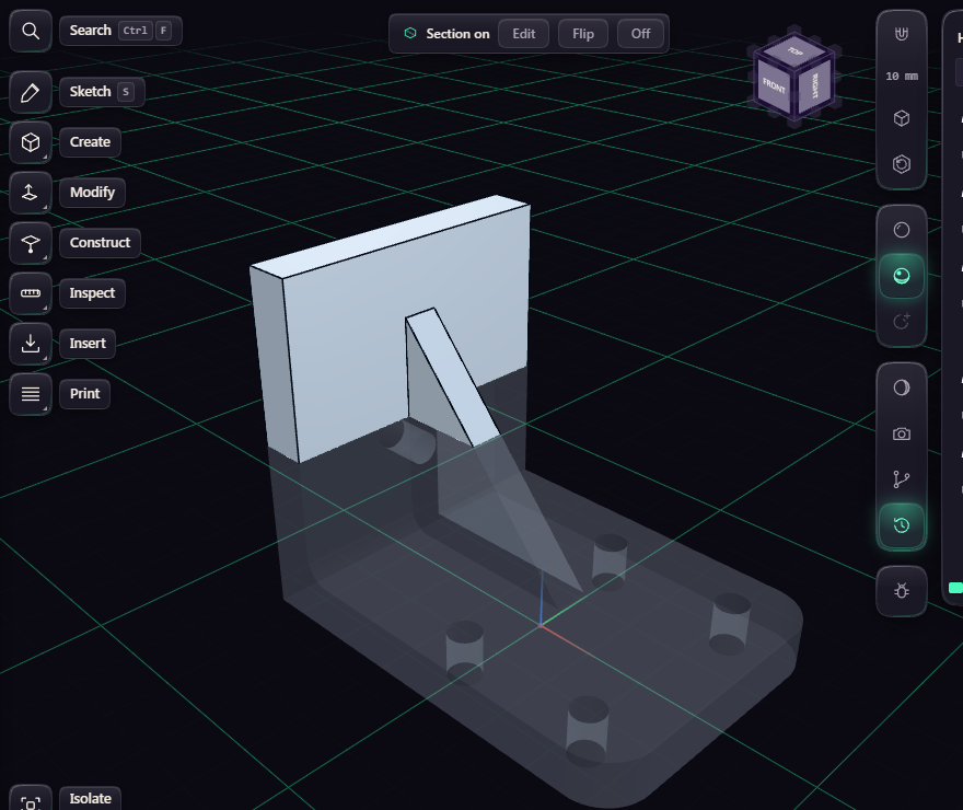 The cut bracket with the Section on chip and its Edit, Flip and Off buttons
