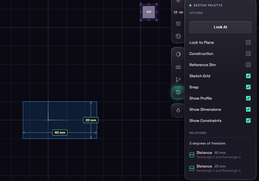 A dimensioned rectangle and the Relations list in the sketch palette