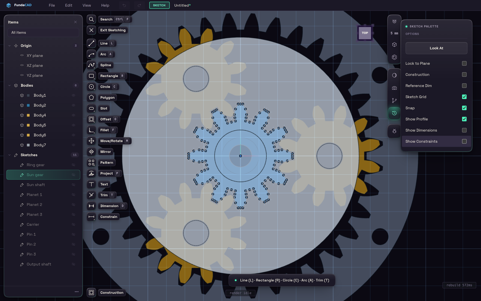 A gear profile drawn in a sketch
