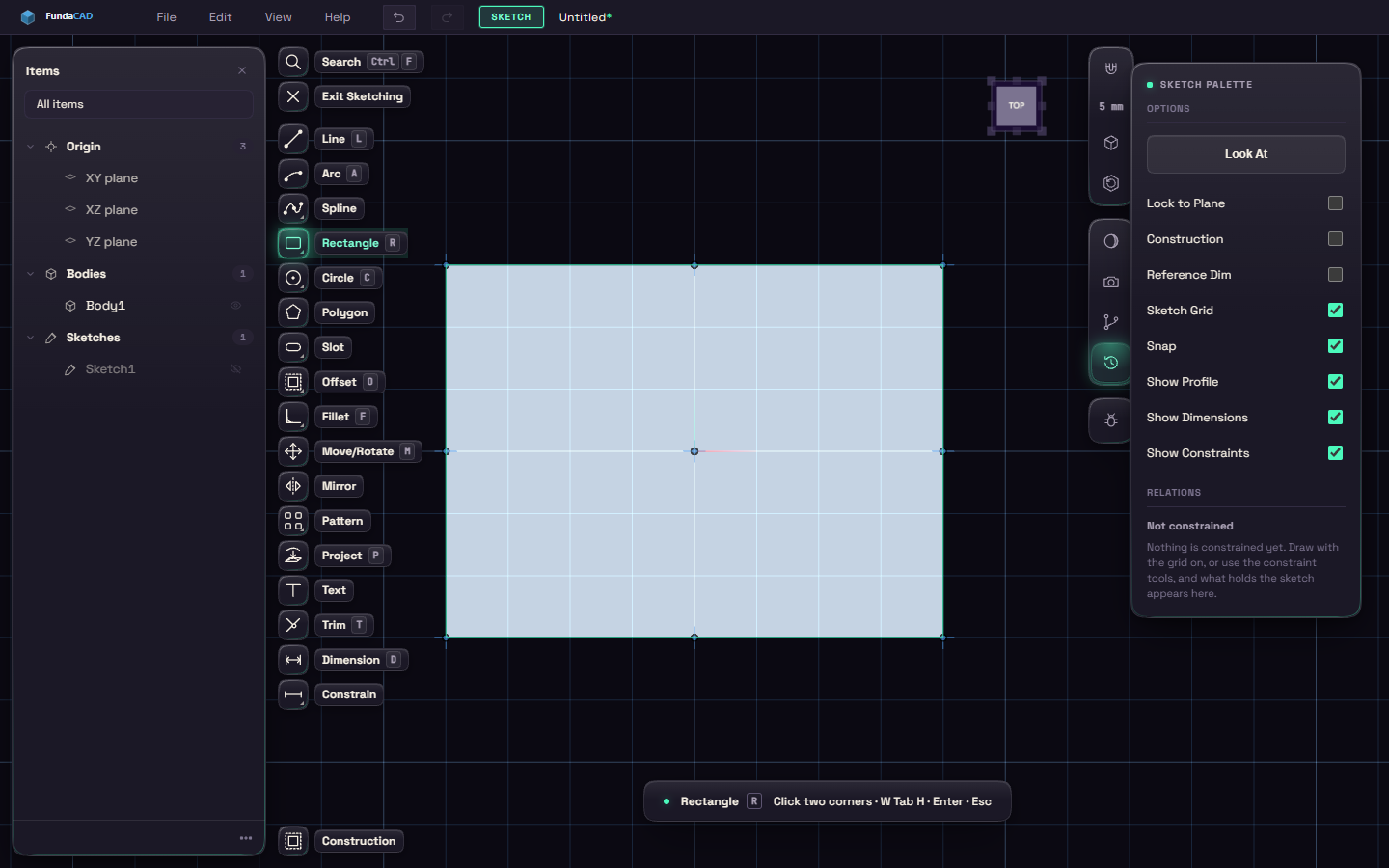 An open sketch on a block's top face, with the tool rail and the sketch palette