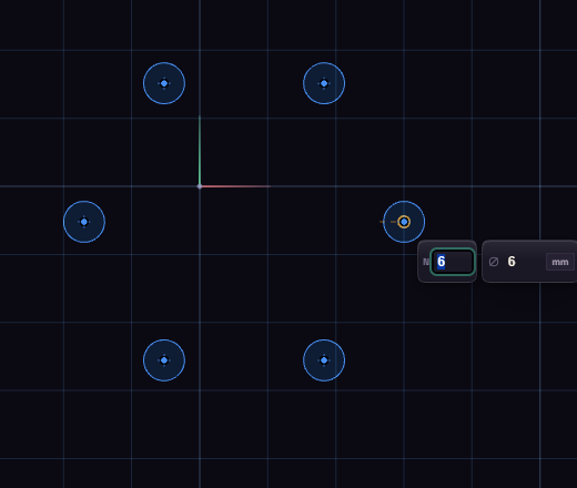A bolt circle of six holes with the count and diameter boxes