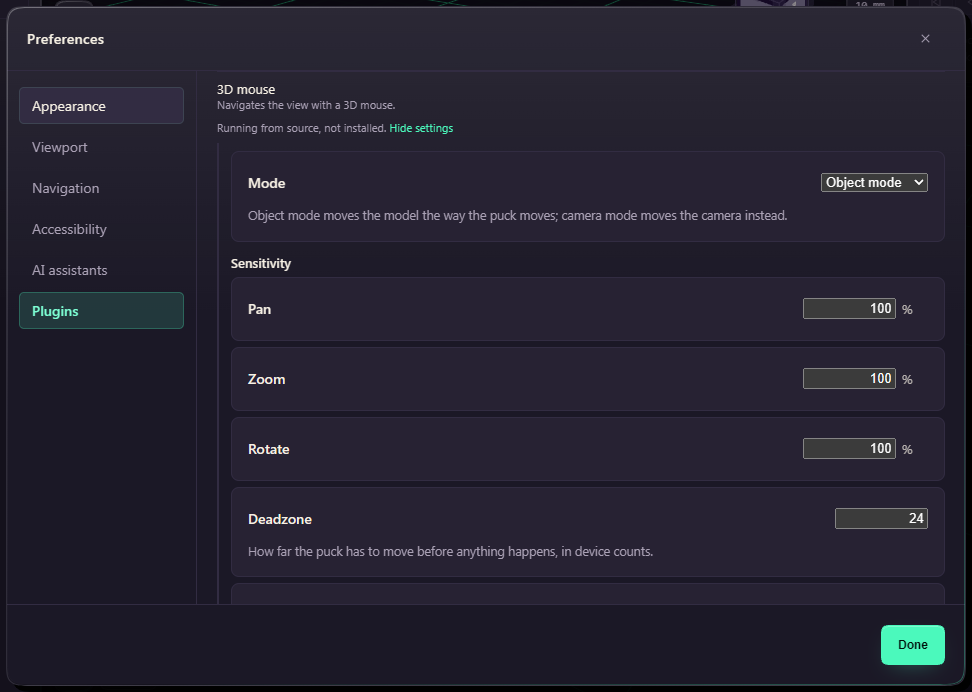 The 3D mouse row in Preferences, Plugins, with its settings open