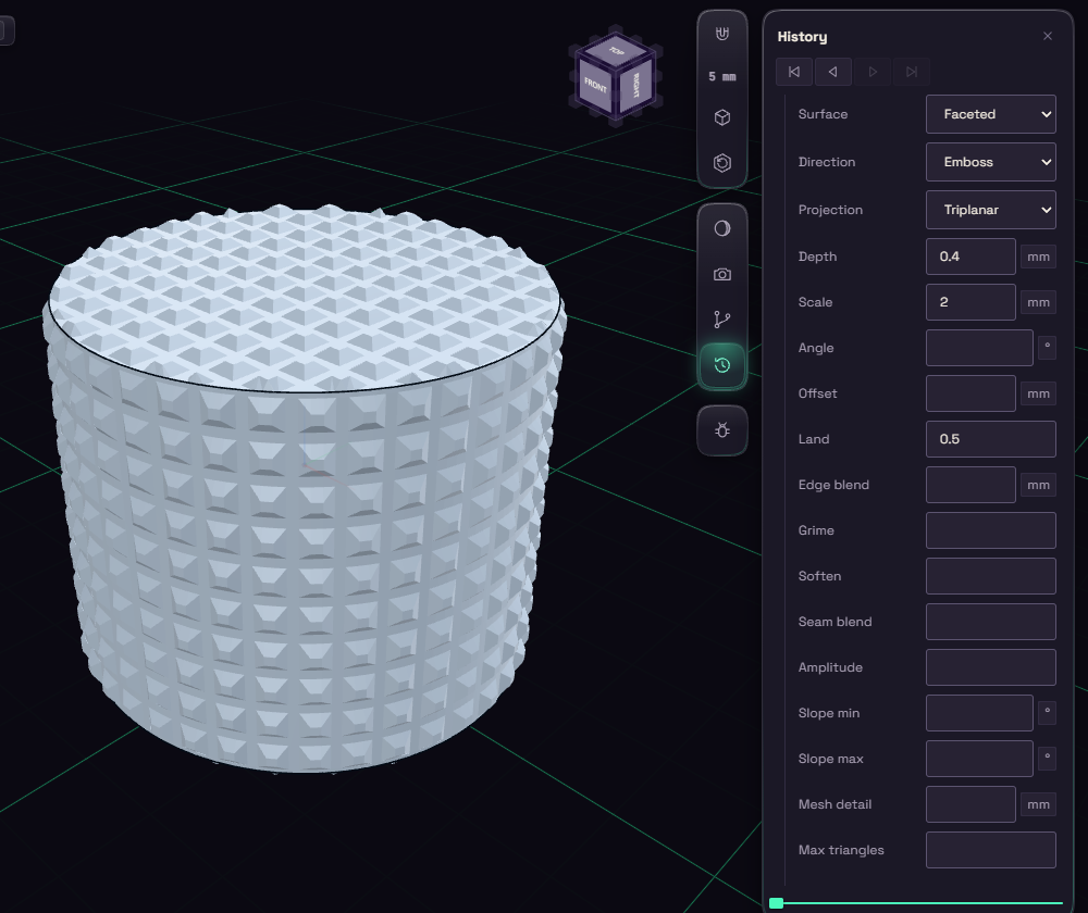 A cylinder with a knurled surface and the Texture step's settings in the History card