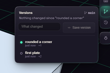 Versions panel listing two saved versions with their notes